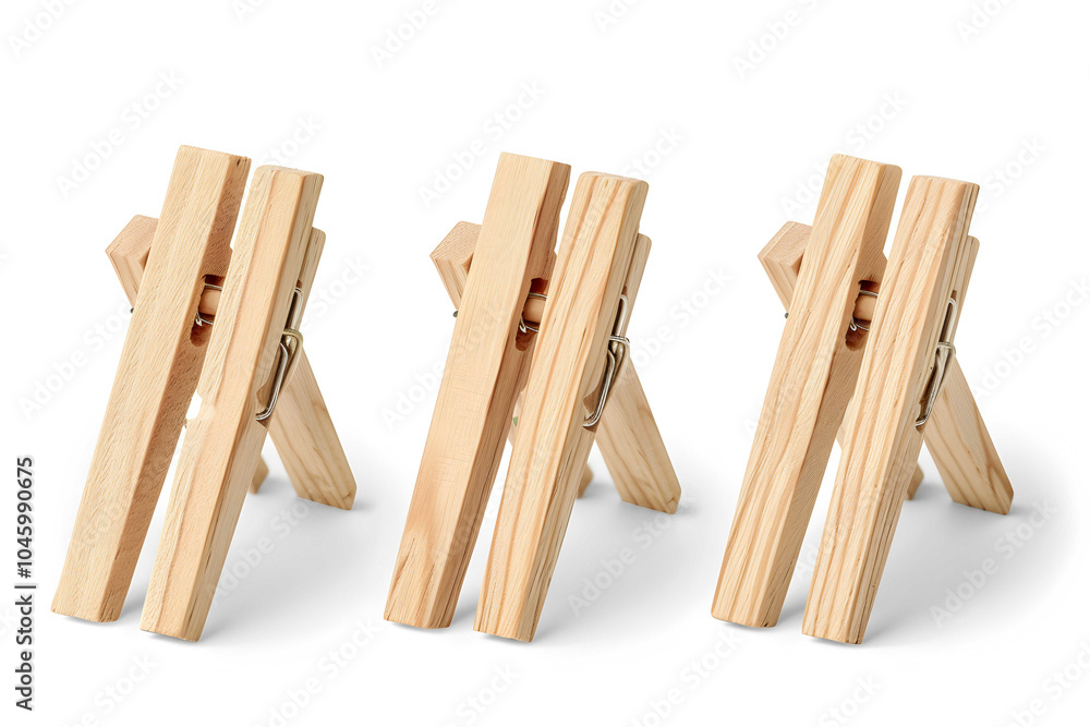Three wooden clothespins arranged in a row on a white background. Three wooden clothespins arranged in a row on a white background.
