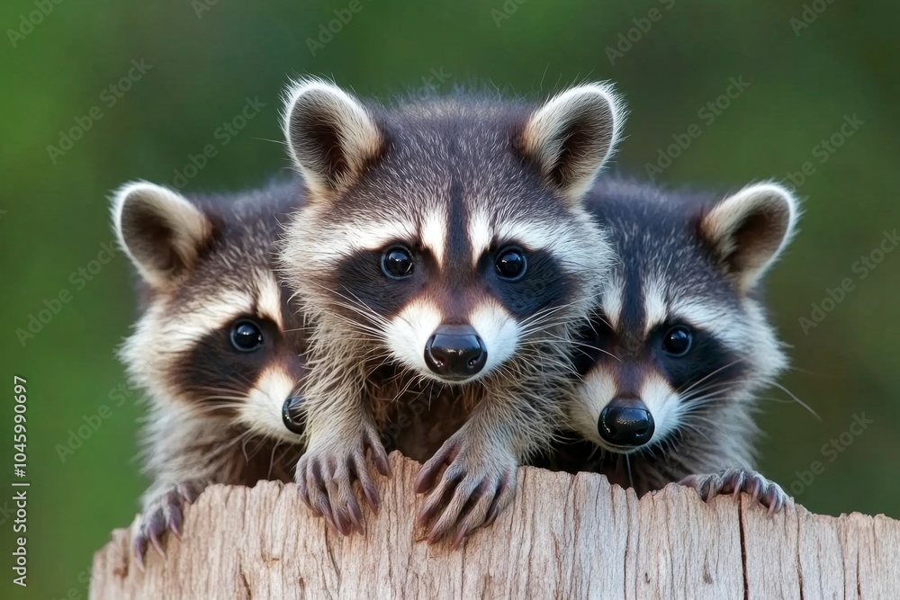 Obraz premium A family of raccoons scavenging for food near a campsite, driven by their hunger and curiosity