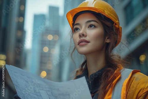 Asian female construction engineer in a hard hat and safety vest standing at a job site