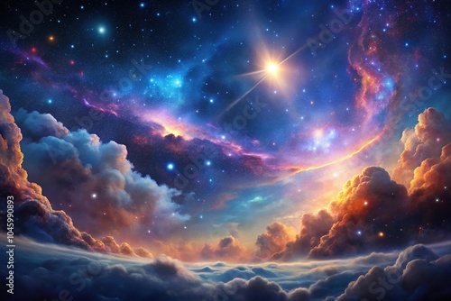 Space scene background with galaxy nebula clouds from a low angle view