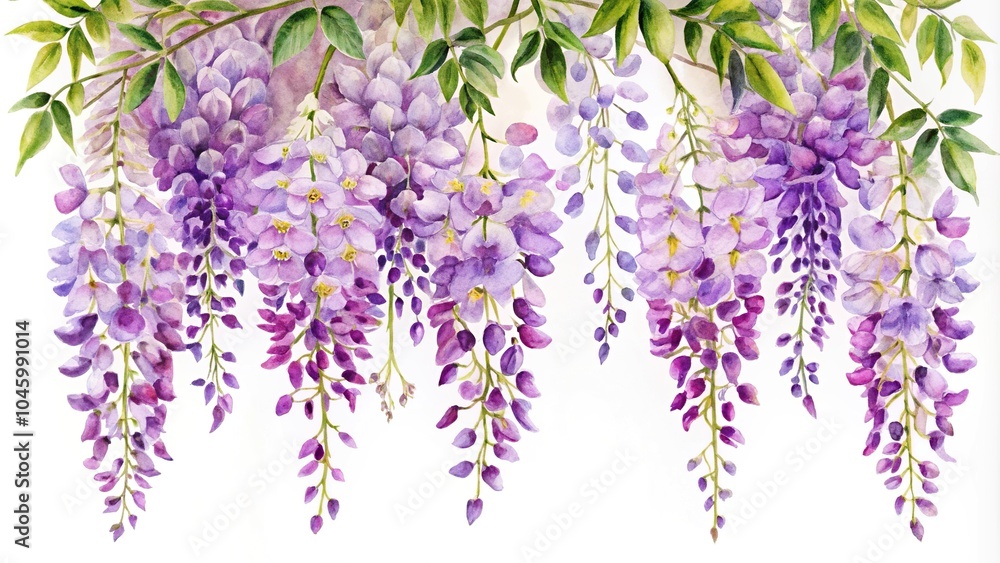 Fototapeta premium Watercolor wisteria clipart with cascading purple blooms silhouette