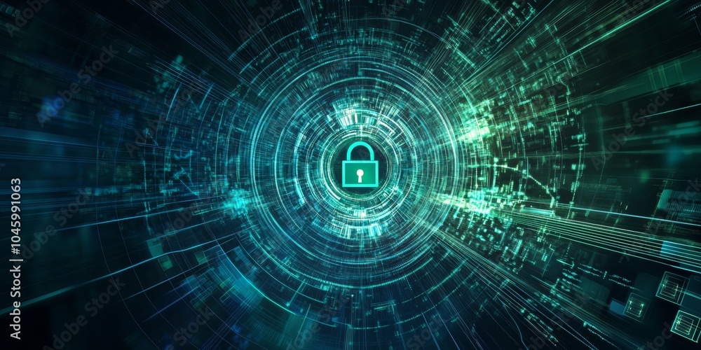 Vector illustration of cyber security concept with digital lock symbol data streams binary code background hightech protection geometric shapes in blue and green Vector illustration of cyber security concept with digital lock symbol data streams binary code background hightech protection geometric shapes in blue and green