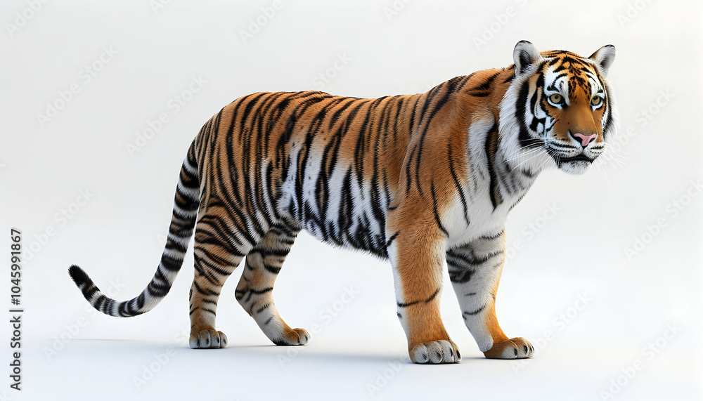 Obraz premium A majestic Bengal tiger stands on a white background. The tiger is looking to the left, with its mouth closed and its eyes open. The tiger is a powerful symbol of strength, courage, and beauty.