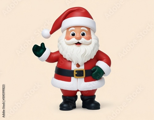 A jolly Santa Claus figure with a red suit, white beard, and a friendly expression waving