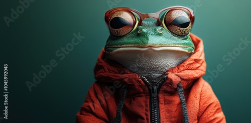 Frog Wearing a Red Jacket and Sunglasses Against a Green Background with Copy Space 