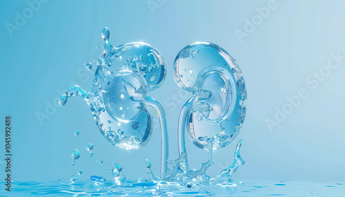 Pair of kidneys are shown in a splash of water, with one of them being red. Concept of urgency and importance, as the kidneys are vital organs that help filter waste from the blood