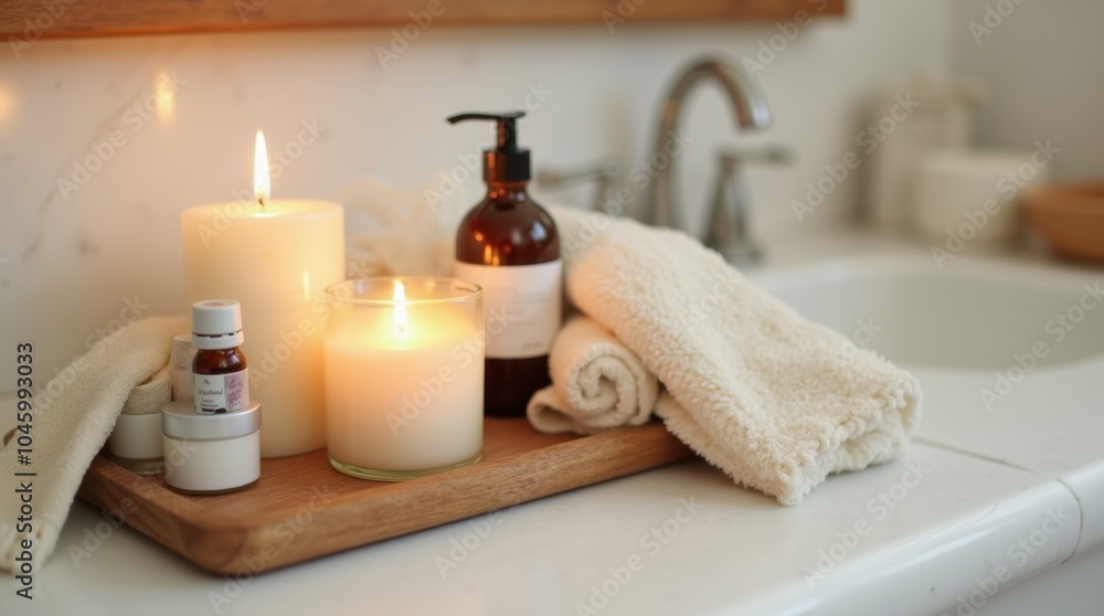 A relaxing self-care moment featuring items such as candles, essential oils, a plush towel, and skincare products, creating a serene and inviting atmosphere for pampering. A relaxing self-care moment featuring items such as candles, essential oils, a plush towel, and skincare products, creating a serene and inviting atmosphere for pampering.