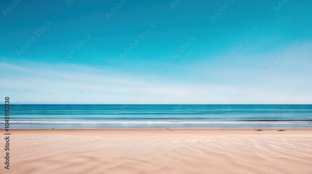 Fototapeta premium A picturesque sandy beach bathed in sunlight, with a gentle wave lapping against the shore and a stunning blue sky overhead