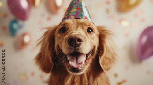 A golden dog joyfully wears a colorful party hat, surrounded by balloons, celebrating its birthday, providing a heartwarming scene of joy, loyalty, and festive spirit. photo