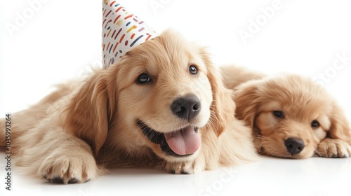 Two adorable golden puppies are lying on the floor, one wearing a festive party hat, giving an image of joy, celebration, and innocence with a playful vibe. photo