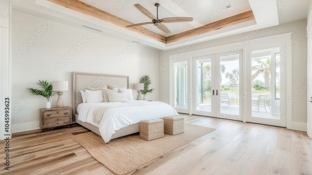 Naklejka premium A bright and airy bedroom featuring wooden elements, minimalistic design, and a palm tree view through large windows, exuding relaxation and modernity.