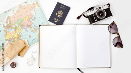 Travel essentials like a passport, camera, map, and sunglasses arranged on a solid white background, creating a clean and organized display for any adventure. photo