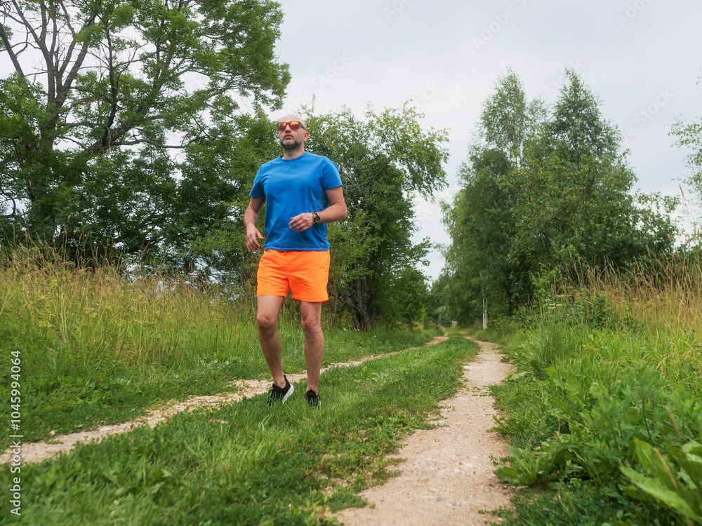 A man in a blue shirt and orange shorts walks down a dirt road. The man is wearing a hat and he is enjoying the outdoors. Male in his 40s with grey beard. Sport and fitness outdoor. A man in a blue shirt and orange shorts walks down a dirt road. The man is wearing a hat and he is enjoying the outdoors. Male in his 40s with grey beard. Sport and fitness outdoor.