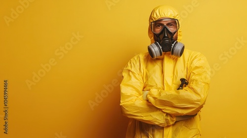 Portrait of an individual wearing a full hazmat suit with respiratory protection, standing confidently against a vibrant yellow backdrop, symbolizing safety and caution. photo