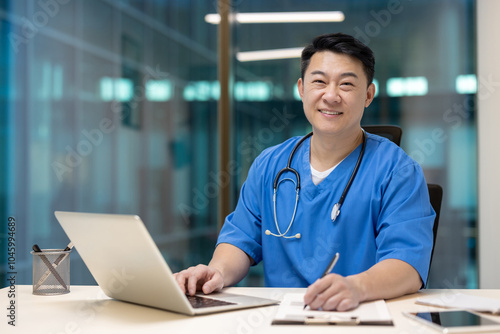 Asian doctor with stethoscope smiles confidently at desk, working on laptop in modern office. Portrays professional dedication and approachability in healthcare setting.