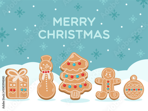 Greeting card with gingerbread and merry christmas inscription, flat illustration for christmas holiday