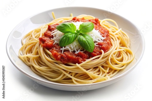 Spaghetti with tomato sauce, parmesan and mozzarella cheese, basil on white background