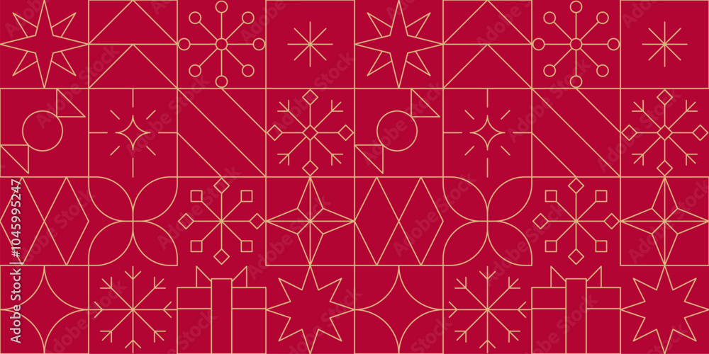 Gold line Christmas seamless pattern. Minimalist geometric festive gold red New Year holidays linear banner background.