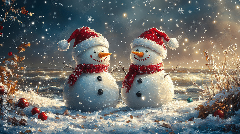 Fototapeta premium Two snowmen standing on the snow close-up