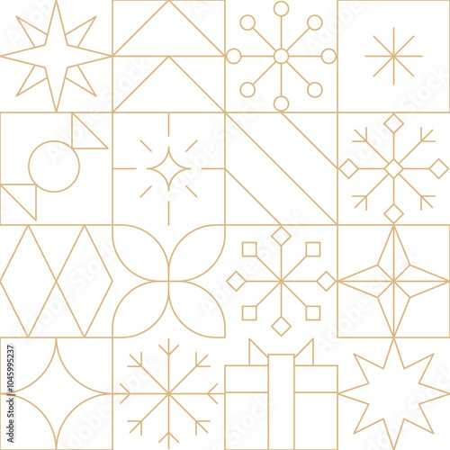 Gold line Christmas seamless pattern. Geometric festive gold on white New Year holidays abstract linear background.