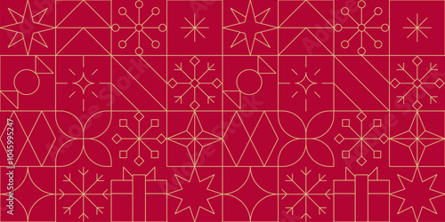 Gold line Christmas seamless pattern. Minimalist geometric festive gold red New Year holidays linear banner background.