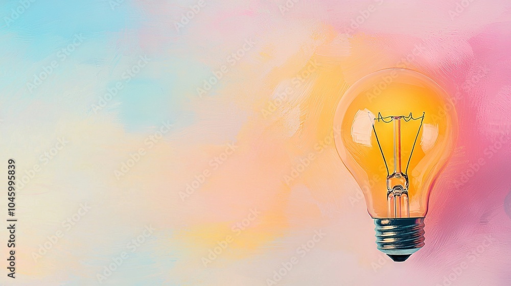 A yellow light bulb atop a pink, blue, and yellow-painted wall adjacent to a pink and blue backdrop A yellow light bulb atop a pink, blue, and yellow-painted wall adjacent to a pink and blue backdrop