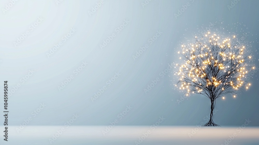 Obraz premium A tree adorned with numerous lights occupies the center of a room featuring a light blue wall