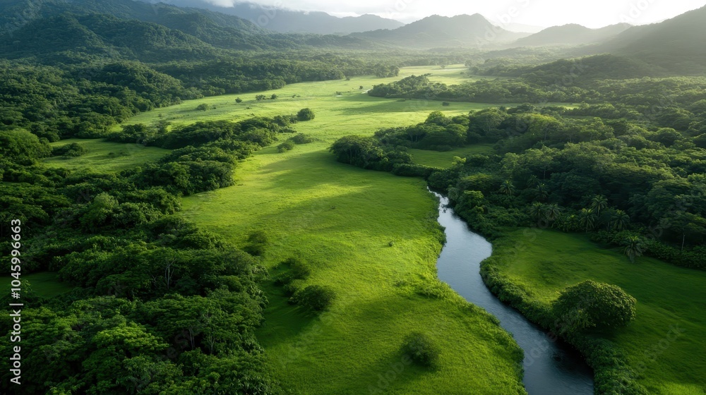 An expansive view of a green landscape featuring a graceful river running through a valley, at dawn. The scene evokes peace and the simplicity of nature. An expansive view of a green landscape featuring a graceful river running through a valley, at dawn. The scene evokes peace and the simplicity of nature.