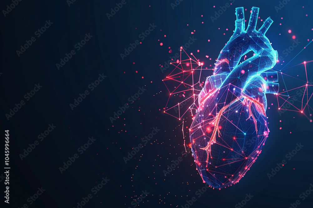 A heart made of lines and dots is shown in a dark background A heart made of lines and dots is shown in a dark background