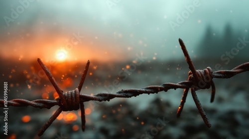 A vibrant sunset backdrops a stretch of barbed wire, with warm light casting an ethereal glow through misty surroundings, evoking isolation and resilience. photo