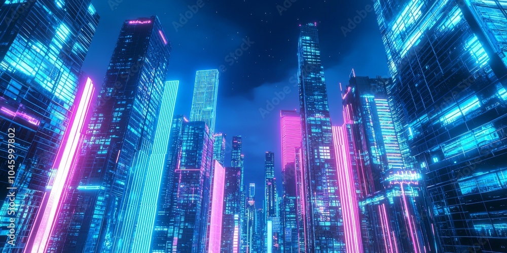 Obraz premium A stunning view of a futuristic cityscape illuminated by vibrant neon lights, creating a mesmerizing atmosphere.