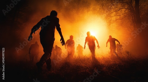 A horde of silhouetted zombies emerges against a fiery sunset backdrop, exuding a sense of horror and apocalyptic dread, in an ominous and dramatic scene.