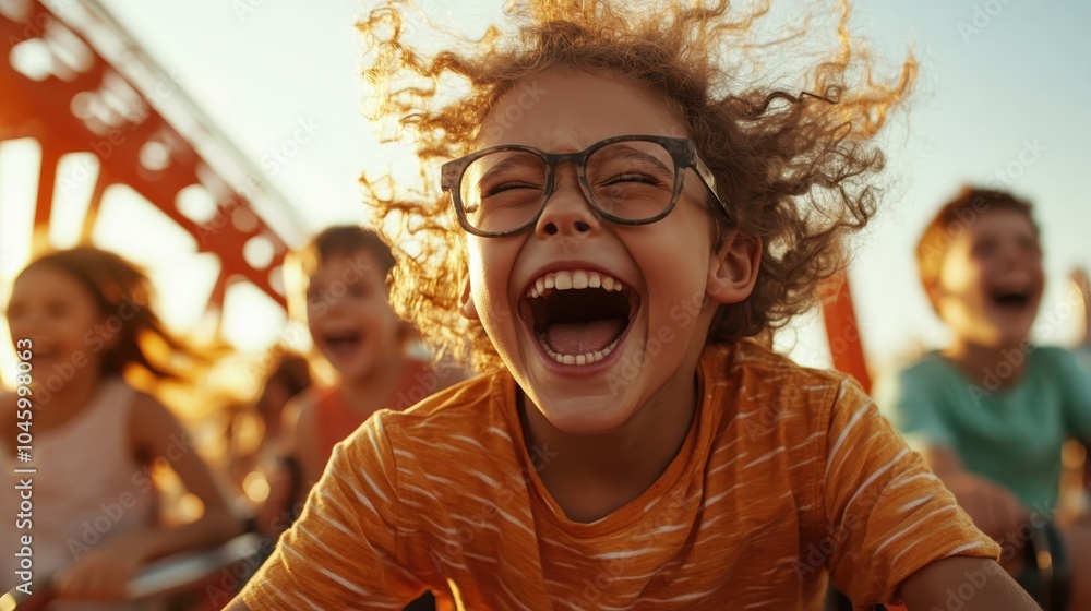 A young child wearing glasses joyfully screams while experiencing a thrilling rollercoaster ride with friends in the bright, exhilarating atmosphere of an amusement park. A young child wearing glasses joyfully screams while experiencing a thrilling rollercoaster ride with friends in the bright, exhilarating atmosphere of an amusement park.