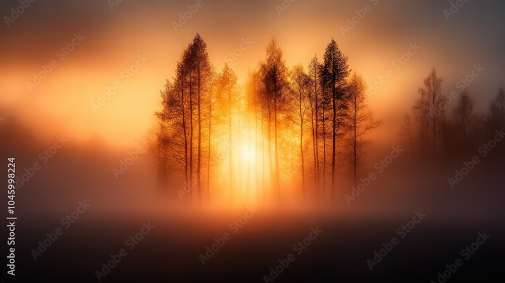 A vibrant sunset peeks through silhouetted trees in the mist, casting warm orange hues and creating a mesmerizing and tranquil scene of natural beauty. A vibrant sunset peeks through silhouetted trees in the mist, casting warm orange hues and creating a mesmerizing and tranquil scene of natural beauty.