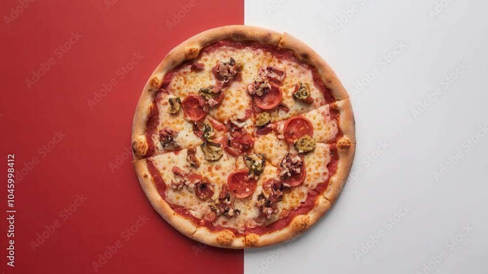 Pizza with pepperoni and mushroom on one half, vegetables on the other Pizza with pepperoni and mushroom on one half, vegetables on the other