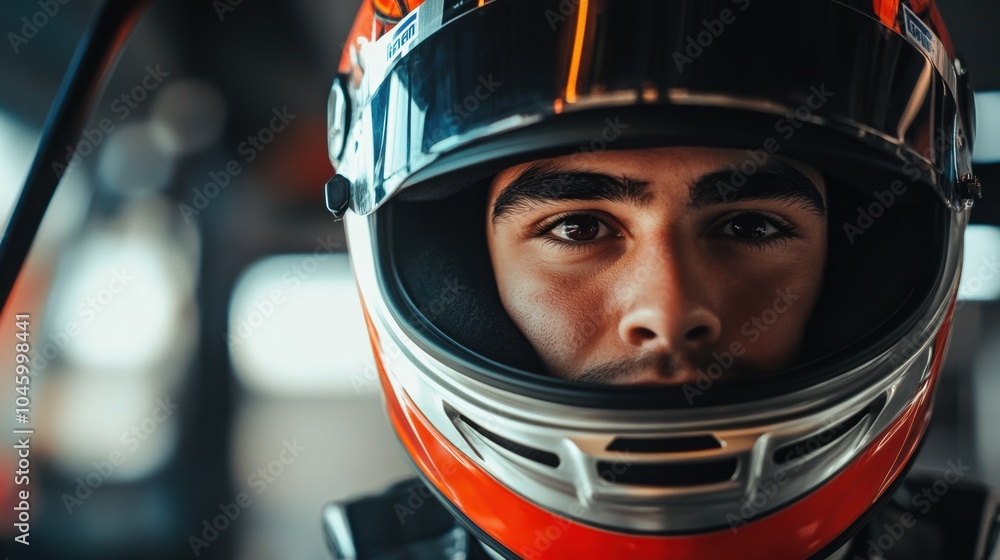 A focused racer, clad in a helmet, gets ready for the race, embodying concentration and readiness for competition on the circuit. Generative AI A focused racer, clad in a helmet, gets ready for the race, embodying concentration and readiness for competition on the circuit. Generative AI