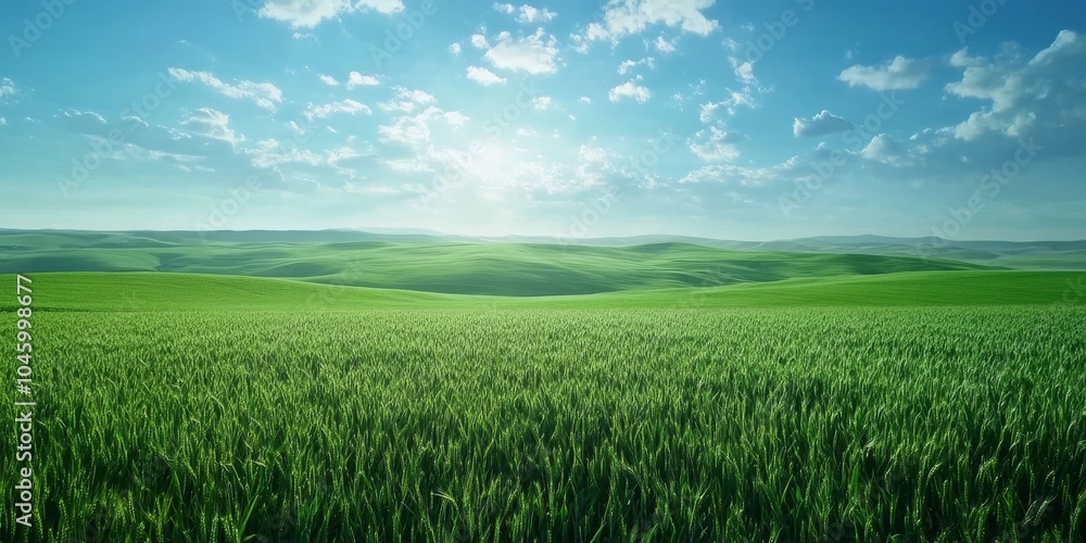 Breathtaking view of lush green fields under a vibrant blue sky with fluffy clouds. Breathtaking view of lush green fields under a vibrant blue sky with fluffy clouds.