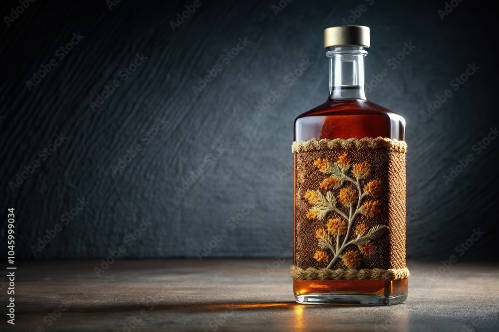 Special embroidered whiskey bottle on dark background Minimalist Special embroidered whiskey bottle on dark background Minimalist