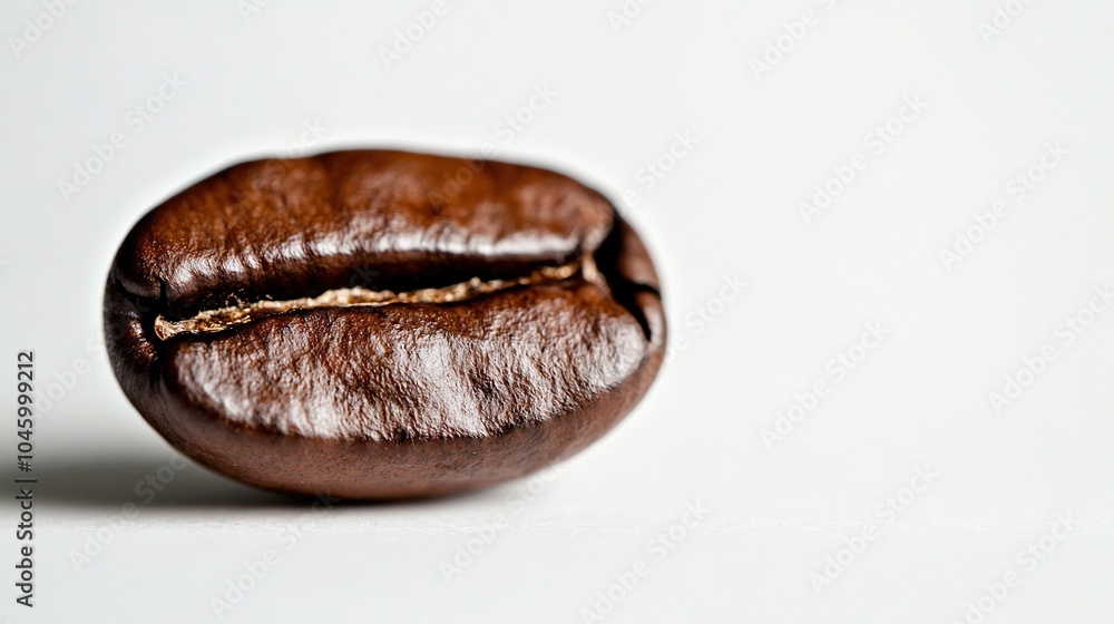   A magnified image of a coffee bean resting on a pure white background with a mirrored depiction of its interior