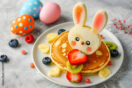 A plate of pancakes with a rabbit on top and strawberries and kiwi underneath photo