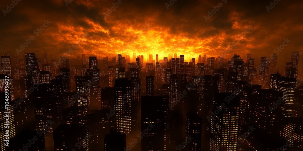 Fototapeta premium Breathtaking sunset over a sprawling city skyline, casting an orange glow on the skyscrapers.