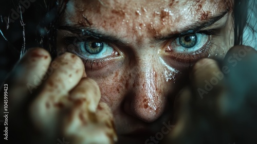 A dramatic and intense close-up image of a person's face, showing piercing eyes and dirt smudges, capturing determination and resilience amidst struggle.