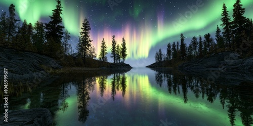 Wallpaper Mural Breathtaking aurora borealis illuminating the night sky over a tranquil lake surrounded by evergreen trees. Torontodigital.ca