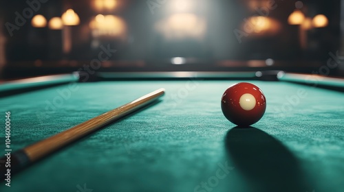 A solitary pool cue rests next to a red cue ball on a green billiards table, beautifully illuminated by warm, ambient lighting in a cozy, dimly lit room.