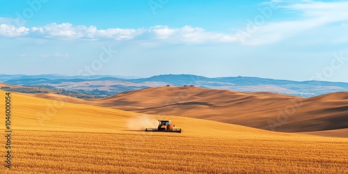 A tractor cultivating golden fields under a bright blue sky, showcasing a serene rural landscape.