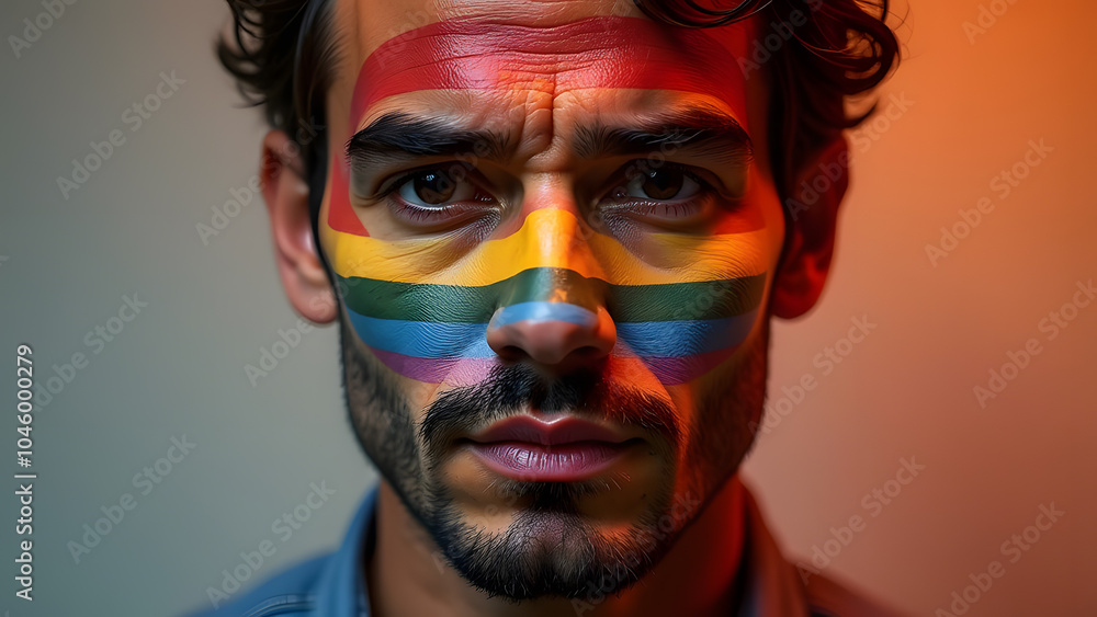 close up man portrait with lgbt rainbow painted on the face, generative ai close up man portrait with lgbt rainbow painted on the face, generative ai