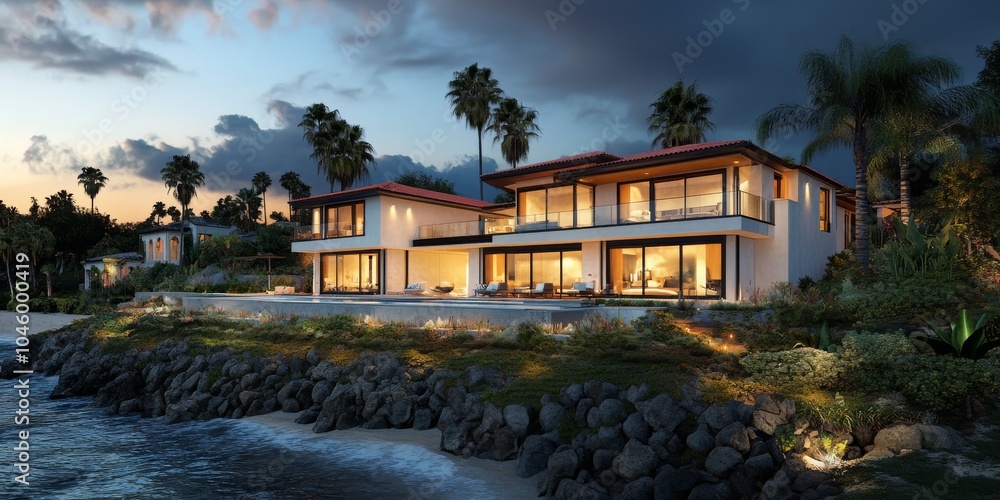 Luxurious modern beachfront villa at dusk, featuring palm trees and serene ocean views. Luxurious modern beachfront villa at dusk, featuring palm trees and serene ocean views.