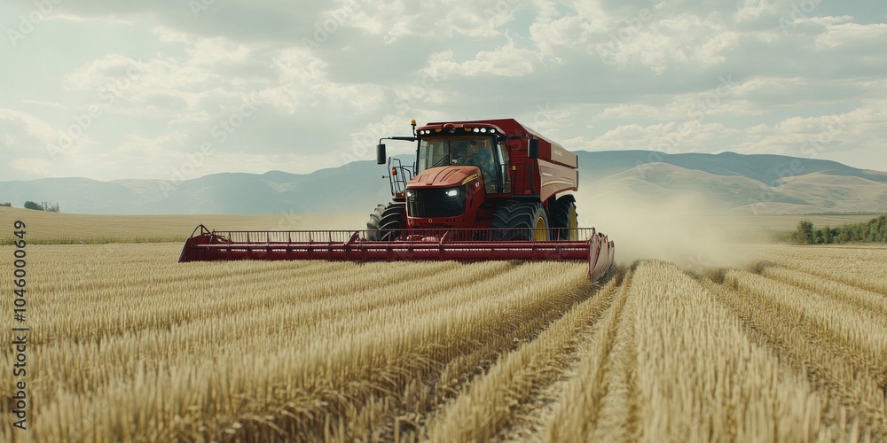 Fototapeta premium A powerful red combine harvester working in a golden wheat field under a blue sky.