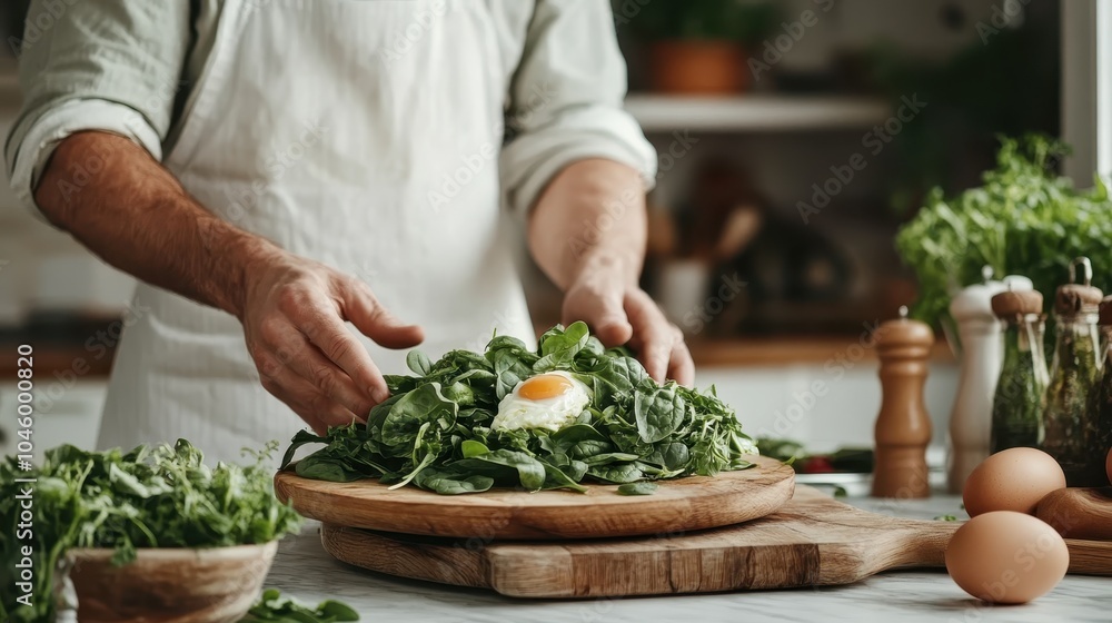 A gourmet chef skillfully creates a vibrant spinach and egg salad in this detailed image that highlights fresh, organic ingredients and culinary artistry. A gourmet chef skillfully creates a vibrant spinach and egg salad in this detailed image that highlights fresh, organic ingredients and culinary artistry.