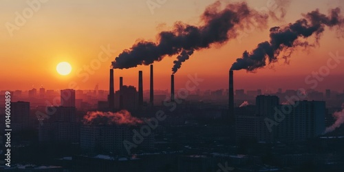 Industrial skyline at sunset, with smoke billowing from chimneys against a vibrant orange sky.